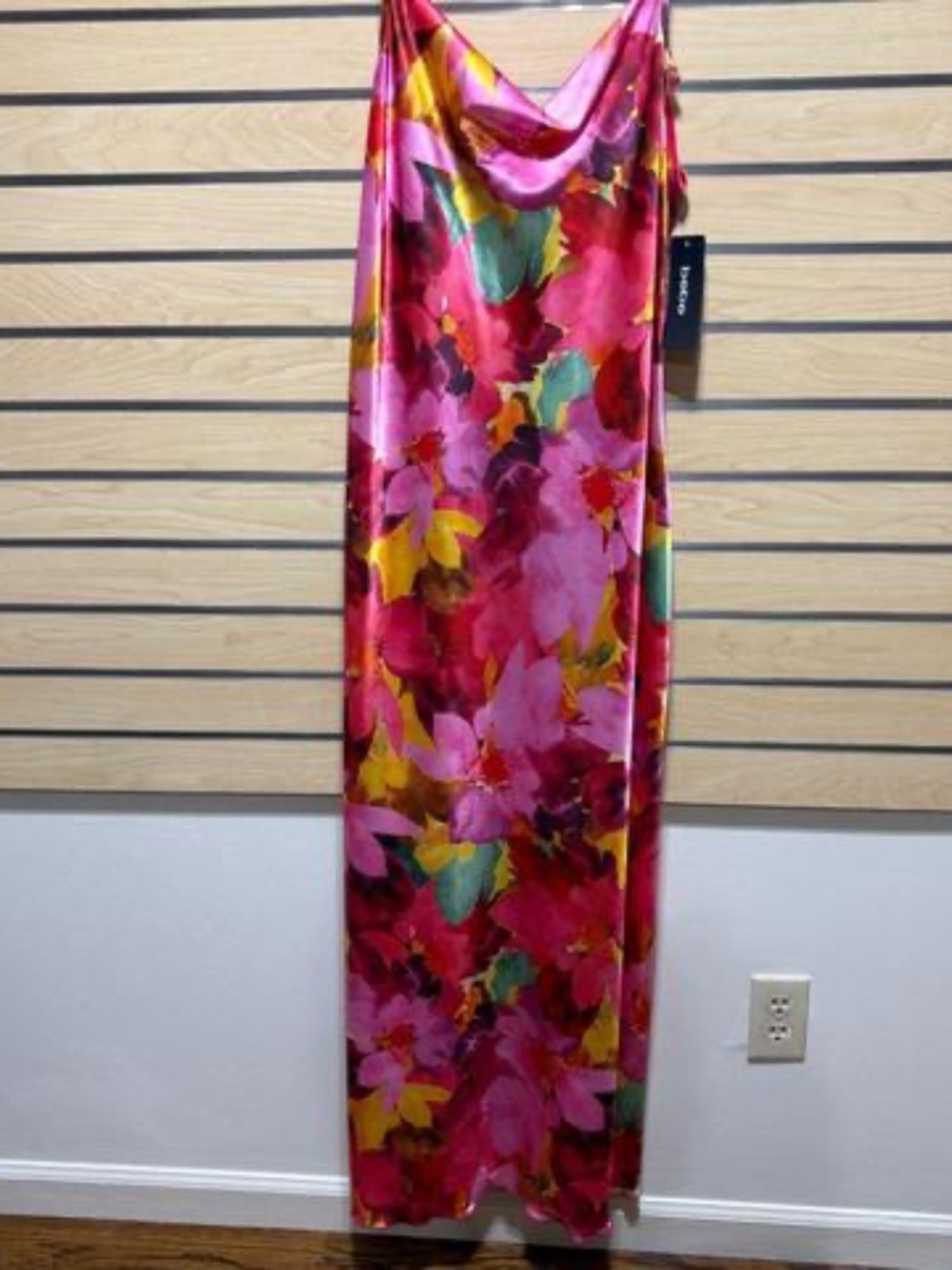 Bebe NWT Floral Satin Maxi Slip Dress Pink Multi Cowl Neck